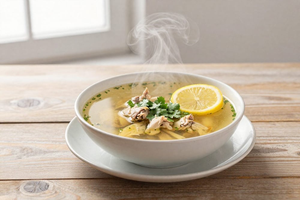 Тарелка горячего куриного супа чихиртма с зеленью и дольками лимона на деревянном столе