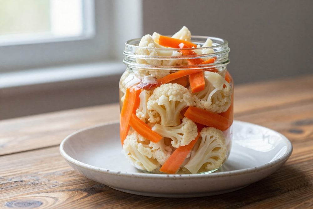 Маринованная цветная капуста с морковью и болгарским перцем в стеклянной банке