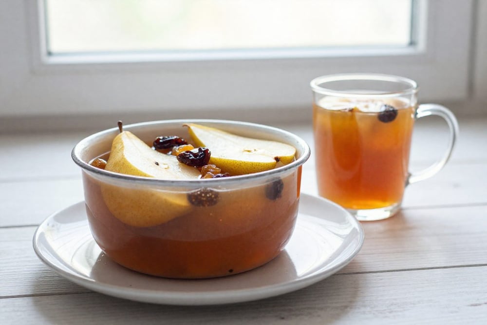 Компот из сухофруктов с дольками груши и изюмом в миске и стеклянной кружке на столе