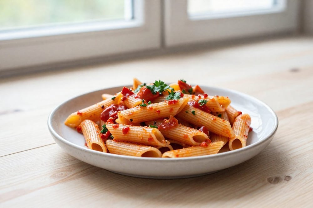 Пенне арраббьята в густом красном соусе с зеленью в светлой тарелке