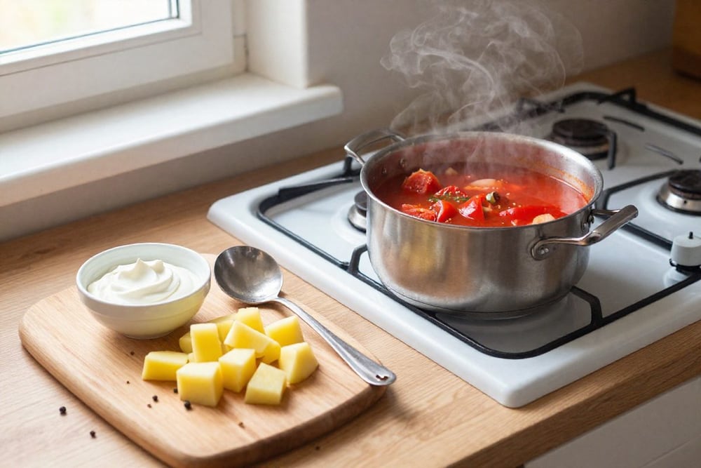 Кастрюля красного супа на плите, рядом ложка, миска сметаны и нарезанный кубиками картофель