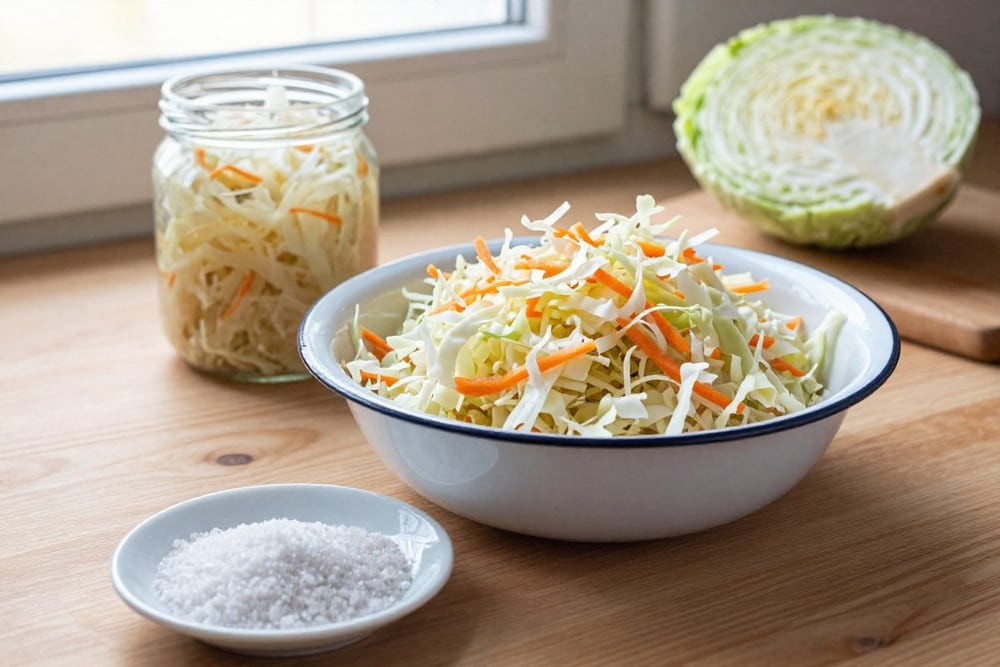 Миска нашинкованной капусты с морковью, банка квашеной капусты, половина кочана и блюдце с крупной солью на кухонном столе