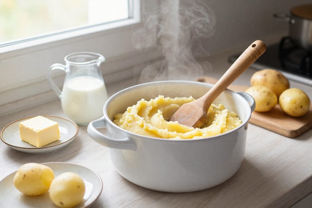 Кастрюля картофельного пюре с деревянной лопаткой, рядом кувшин молока, масло и картофель
