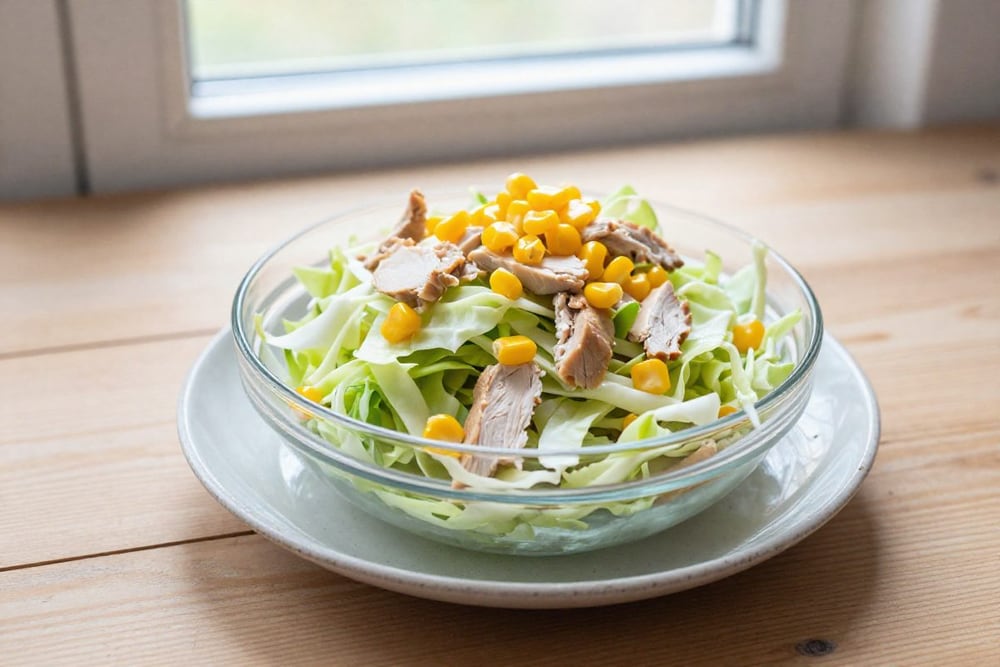 Салат из нарезанной пекинской капусты, курицы и кукурузы в стеклянной миске