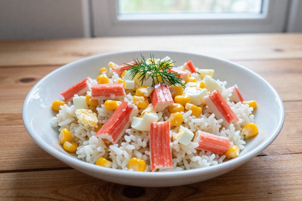 Салат с крабовыми палочками, кукурузой, яйцом и рисом под майонезом в белой миске, посыпанный укропом