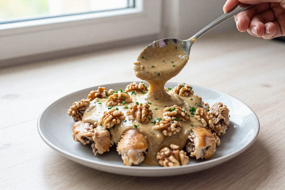 Кусочки курицы в густом ореховом соусе с зеленью на тарелке