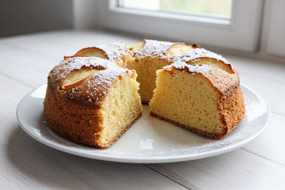 Румяная шарлотка с яблоками в круглой форме, разрезанная на куски