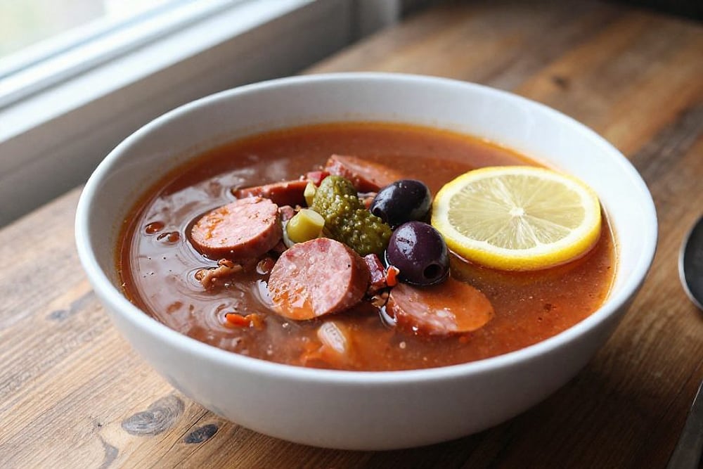 Солянка мясная сборная - готовое блюдо на тарелке