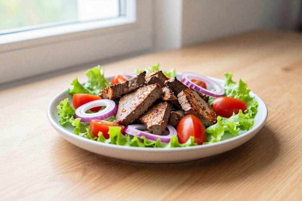 Теплый салат с куриной печенью: обжаренные кусочки печени и маринованный лук на листьях салата с помидорами черри