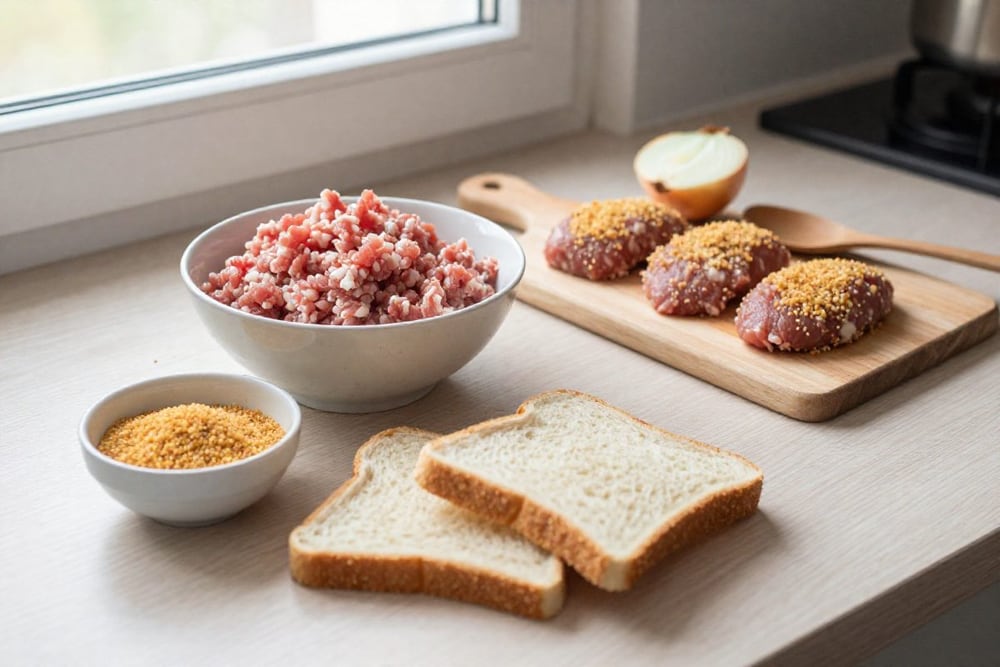 Миска мясного фарша на кухонном столе, рядом панировочные сухари, ломти белого хлеба и доска с сырыми котлетами в сухарях